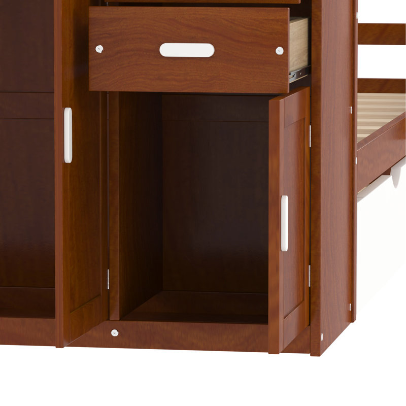 Lit plateforme simple Space avec bibliothèque, lit gigogne escamotable et garde-robe mobile, taille noyer, Noyer