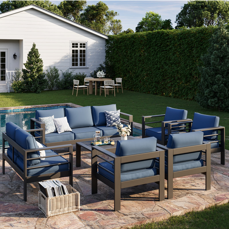 Ensemble de patio complet pour 9 personnes avec coussins, Bleu, Gris foncé