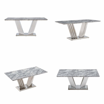 Table de salle à manger 70 po rectangulaire pour 70 personnes, table de cuisine moderne avec base en acier inoxydable à miroir, gris et argent (table seulement)