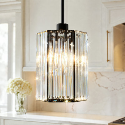 Michiel 7.87'' 1-Light Hexagonal Crystal Rod Pendant Light in Matte Black for Kitchen Island