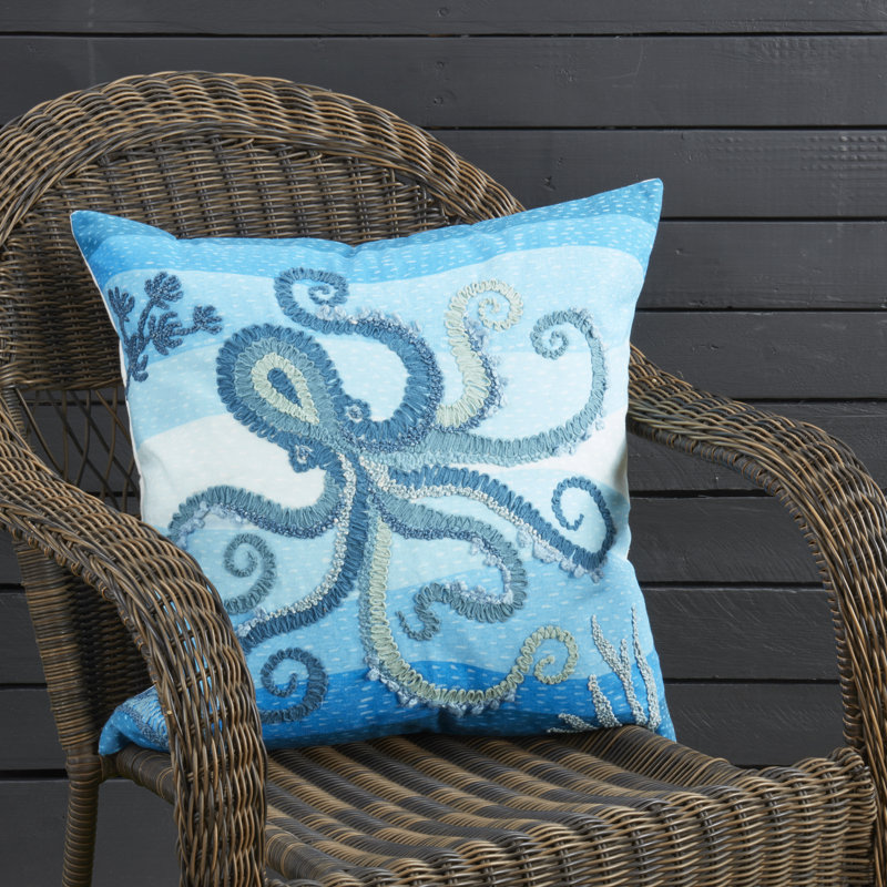 Outdoor Embroidered Octopus Pillow, Polyester