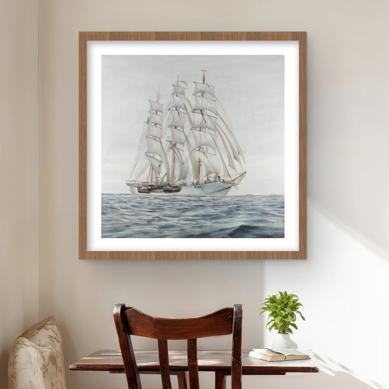 Ship by a cloudy day - White Waves Framed Matted Print
