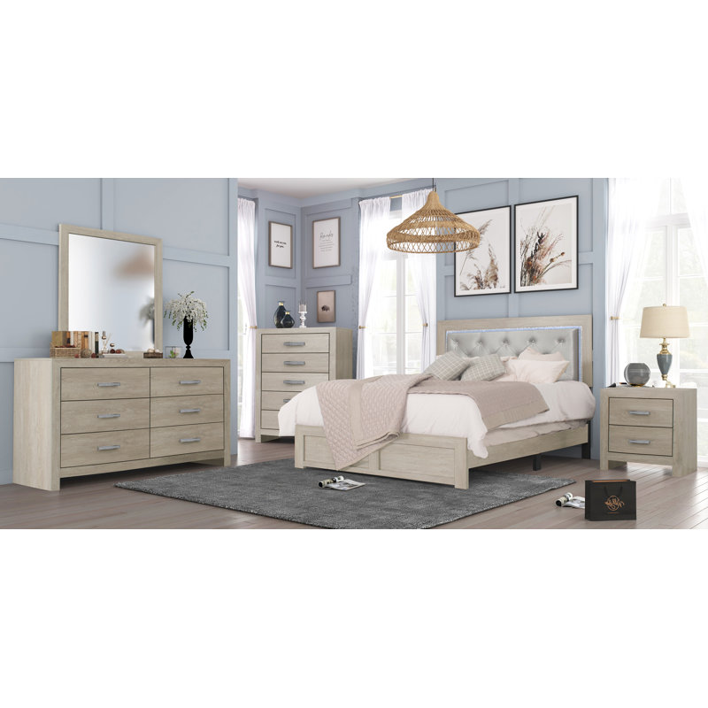 Ensemble de chambre à coucher avec panneau à DEL Josiyah, Grand, Crème