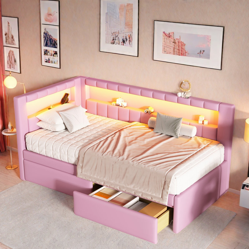 Lit tapissier avec 2 tiroirs, ports USB et ceinture à DEL, Rose