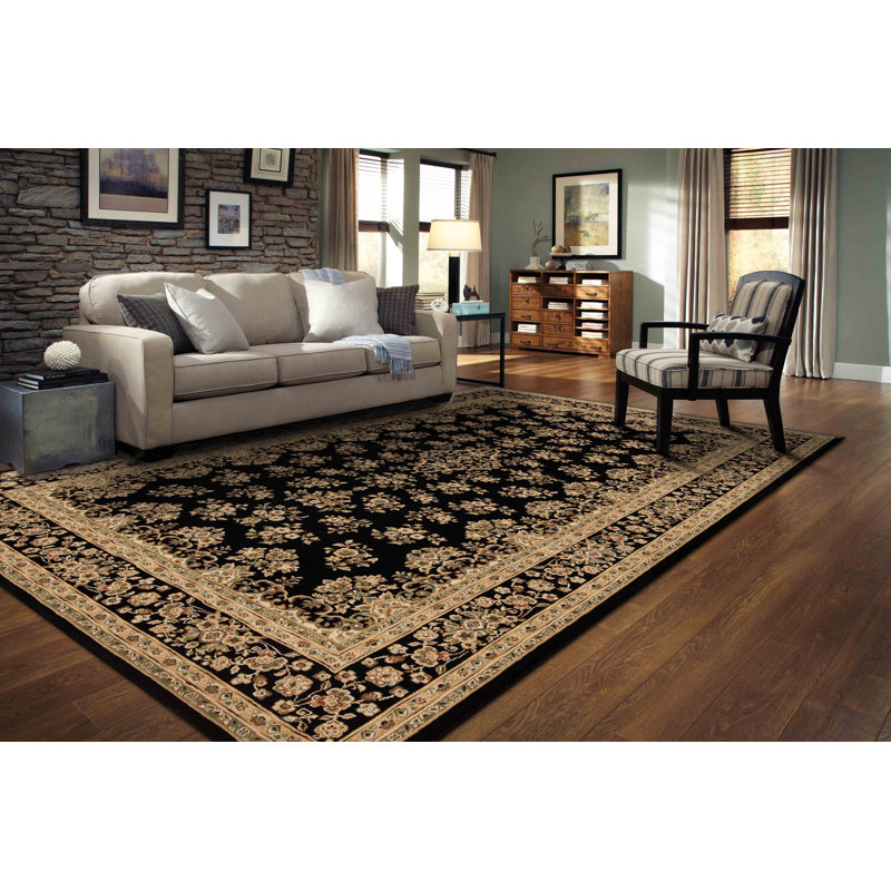 Tapis floral / botanique transitionnel noir / beige Izmir Collection, Rectangle 9 pi 5 po x 13 pi 1 po