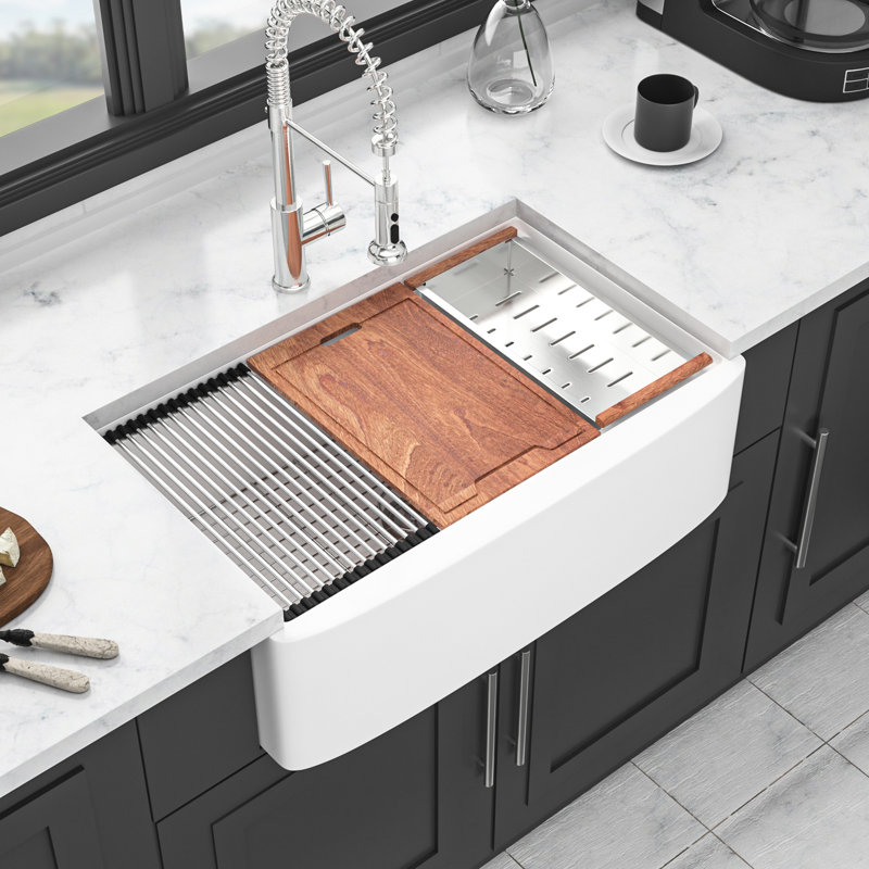 33 po Station de travail en céramique blanche - et durable, résistance aux ébréchures, égratignures, espace avec rebords, teinture, cuve profonde pour la cuisine, avec grille à vaisselle, crépine, planche à découper, drain 33 po