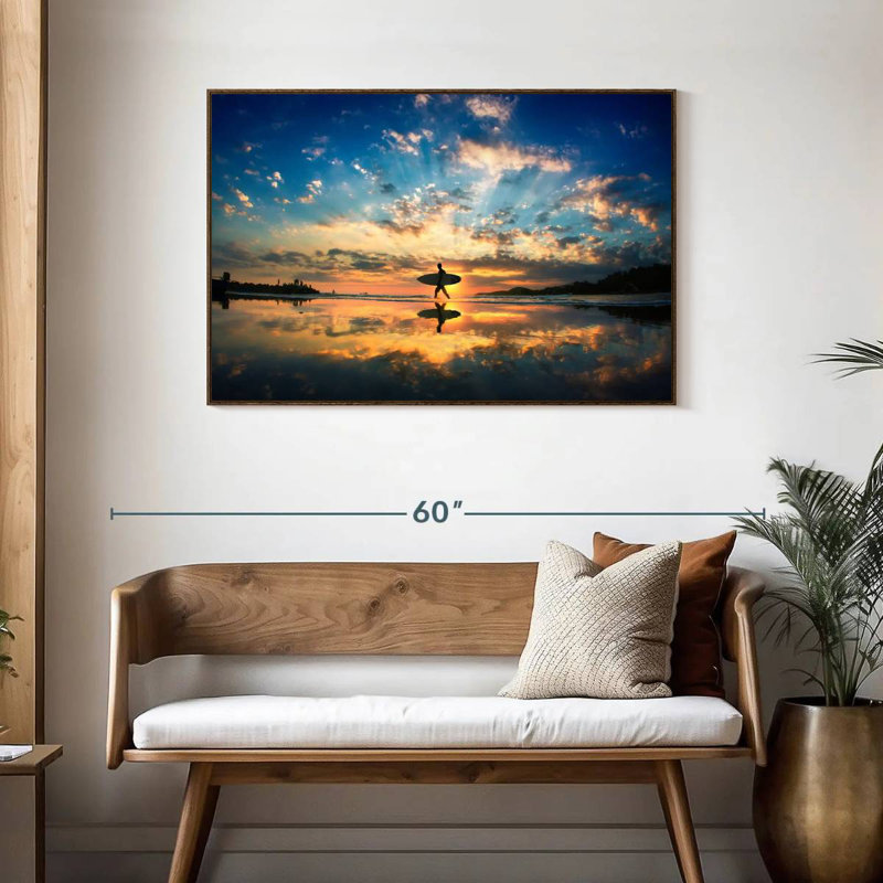 Sunset Surfer Reflection, 25" X 17", Floating Frame Walnut