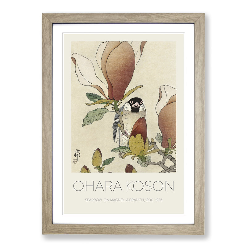 Sparrow Bird Upon Magnolia Branch by Ohara Koson - Single Picture Frame Print, 36cm H x 27cm W x 2cm D, Oak Framed