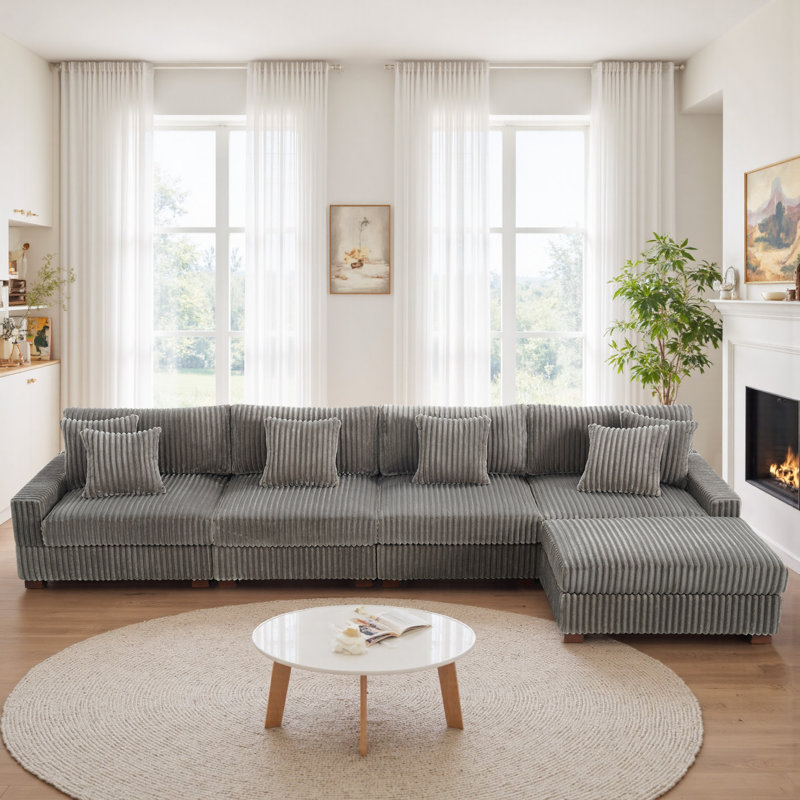 5 Seater Sectional, Light Grey Faux Fur