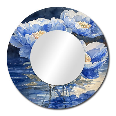 Pivoines bleues au bord de la rivière - miroir floral pour décoration murale - imprimé sur métal