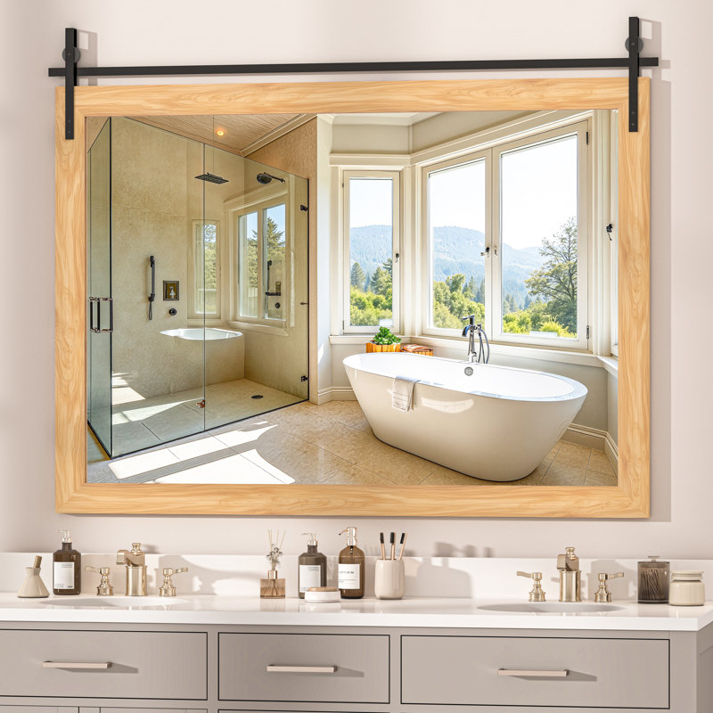 Miroir décoratif moderne en bois massif de style campagnard rustique, 55 po x 36 po, Brun