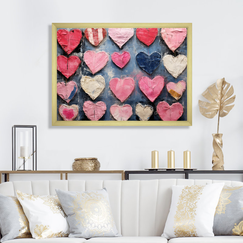 Rose et bleu cœur Pop Art 3 - Art mural Pop Art, Cadre doré à coins fermés, H 34 po x l 44 po x P 1,5 po