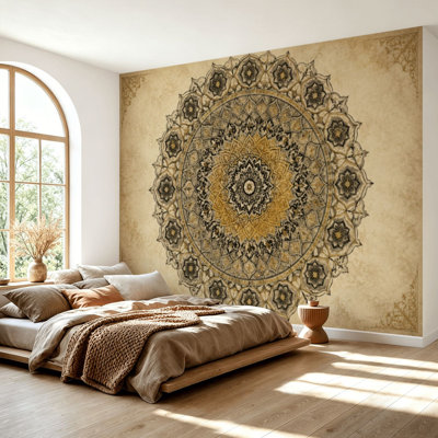 Wall Mural Peel and Stick Wallpaper Bohemian Gray Boho Tile Decorative Ornate Floral Motifs Mandala like Self-Adhesive Removable Contact Paper Wall Decor for Living Room Bedroom 69"H x 96"W