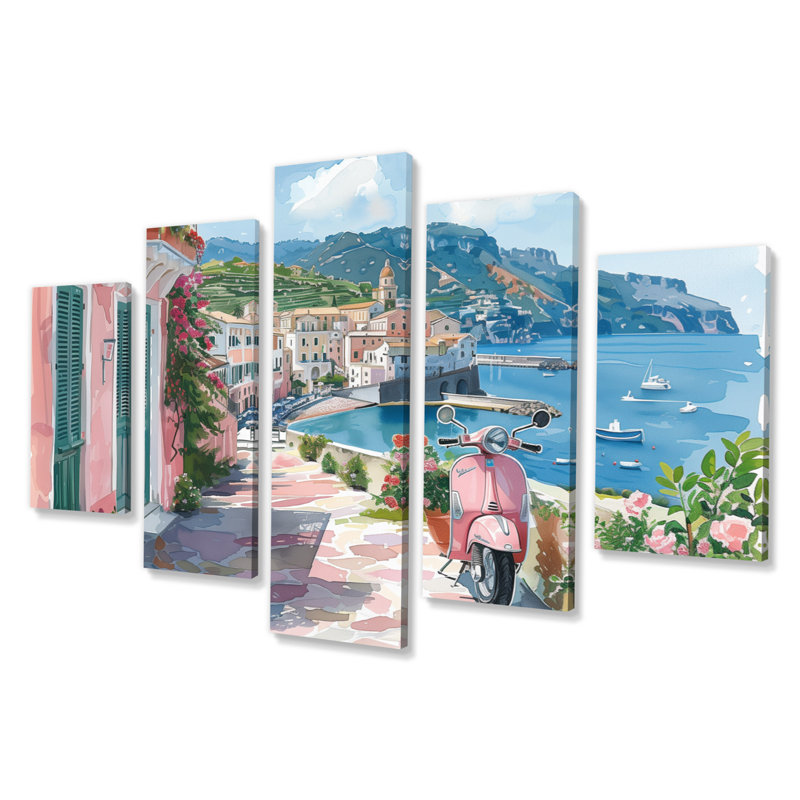 Scooter rose dans un village côtier, Italie I - Italie, ensemble de reproductions d'art mural