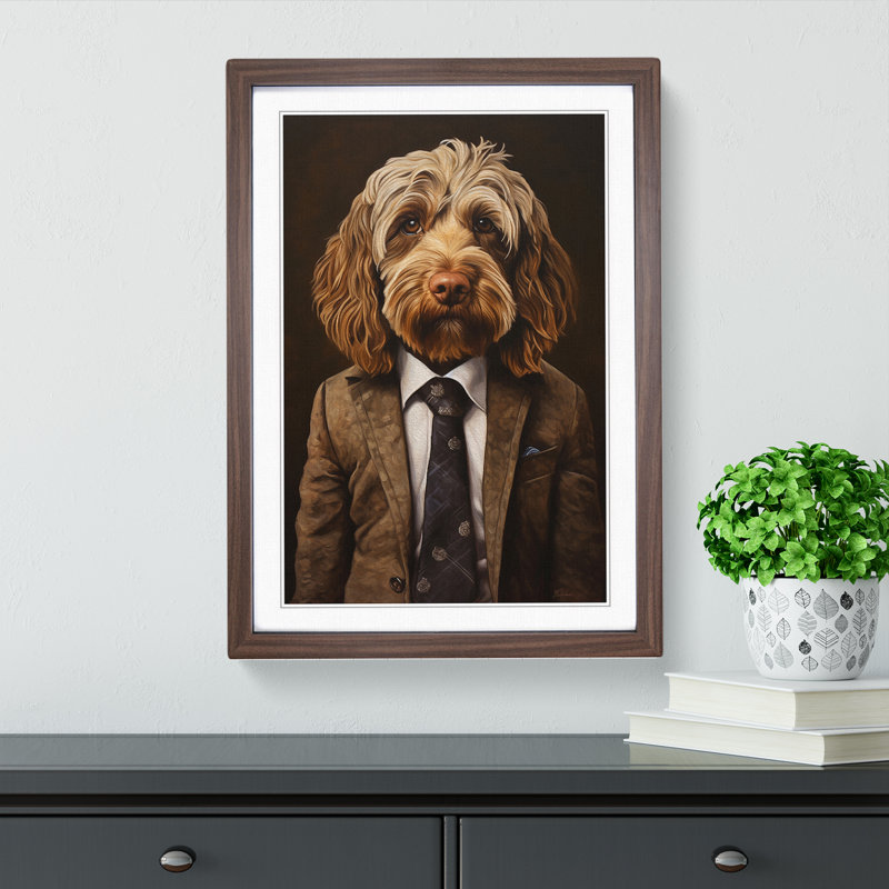 Cockapoo In A Suit Painting - Single Picture Frame Print on Wood, 64cm H x 46cm W x 2cm D, Walnut Framed
