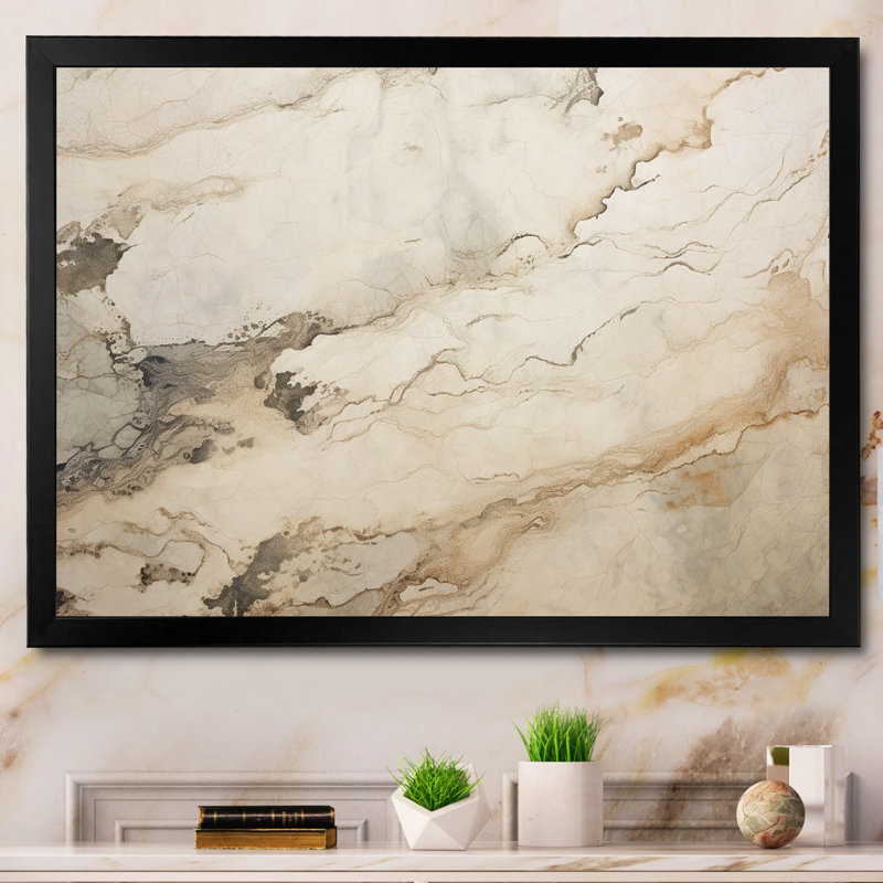 Beige et blanc, rivière de marbre - art mural abstrait en marbre, Cadre simple noir, H 34 po x l 44 po x P 1,5 po