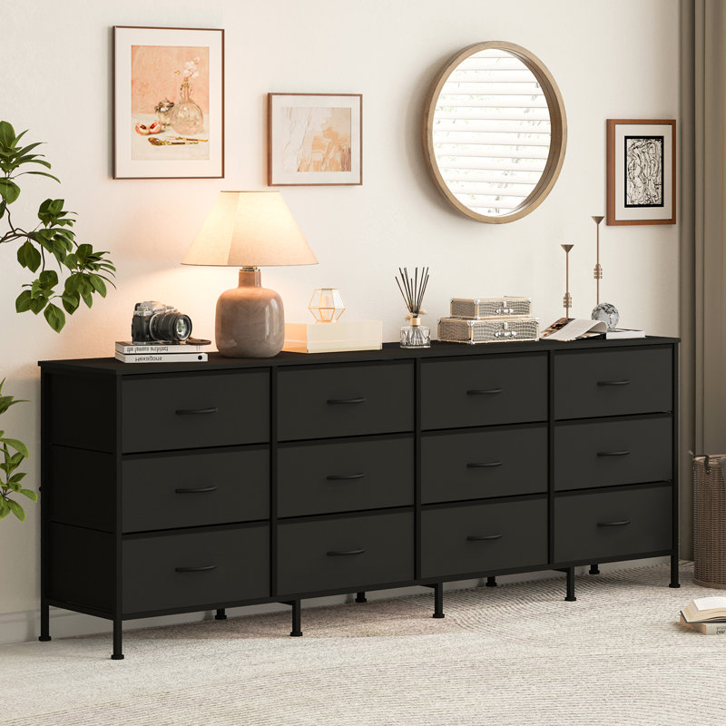 Commode 12 tiroirs en tissu, meuble télé polyvalent avec station de charge intégrée, Black