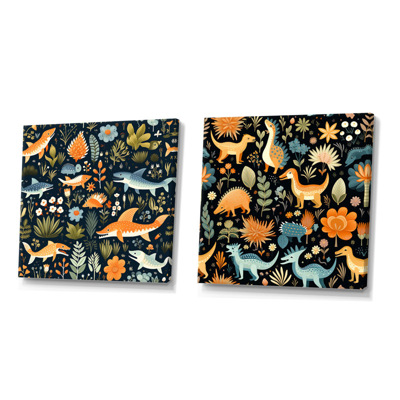 Dinosaurs Roar IV - ensemble de 2 reproductions d'art sur toile, Toile tendue, H 16 po x l 33 po x P 1 po