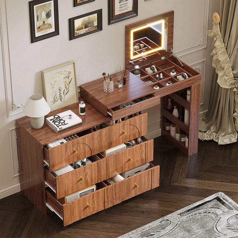 Vanity Desk With Mirror, Lights, And Abundant Storage, Convertible Design For Versatile Use In Modern Bedrooms, Walnut