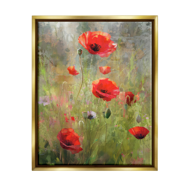 Abstrait coquelicots rouges sur toile, Cadre flottant métallique doré, H 21 po x l 17 po