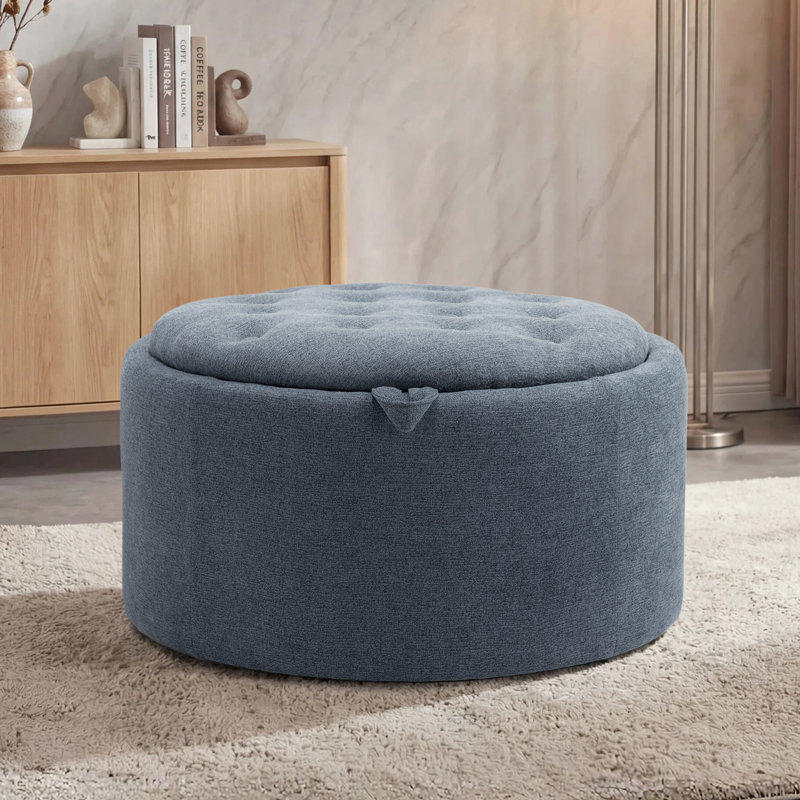 Repose-pieds capitonné rond 27,2 po avec rangement, Chenille - bleu