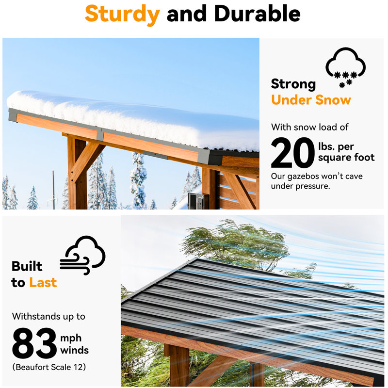 Aura 6.5 ft. x 8 ft. Cedar Wood Outdoor Entertainment Gazebo Bar With Hardtop Galvanized Steel Roof, Powerport,Bar Table And Foot Rest Rail