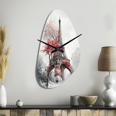Fall Scenery In The City III - Asymmetrical Romantic Landscape Metal Wall Clock, Red Wall Clock Print