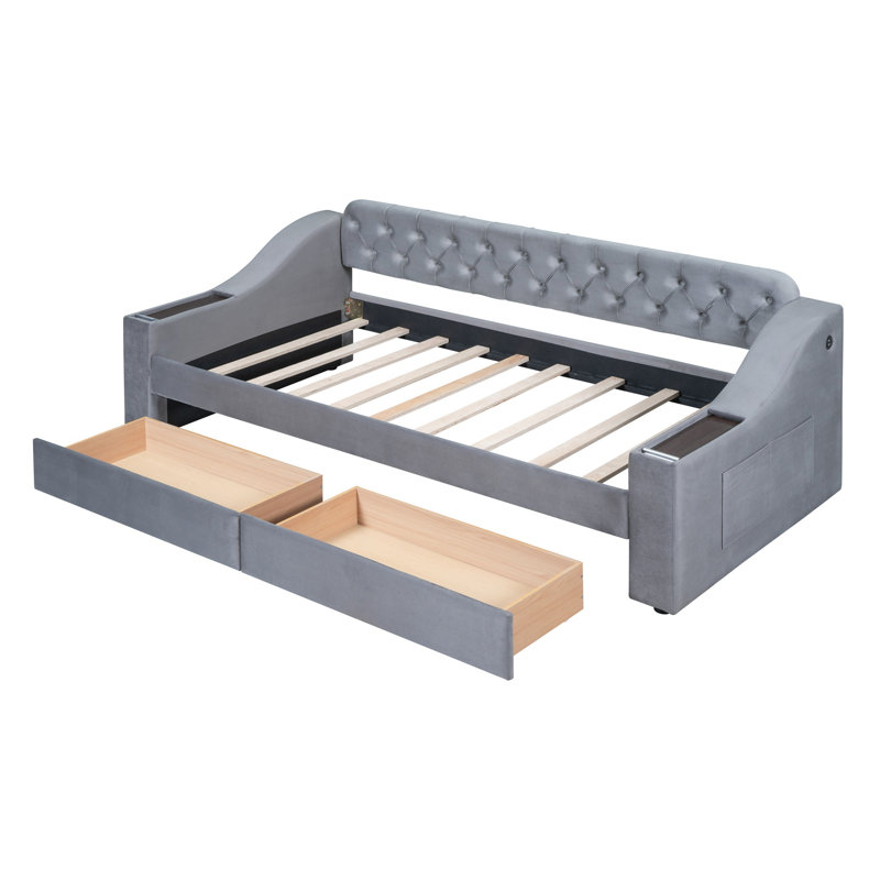 Twin Size Upholstered Daybed with Storage Armrests & USB Port, Space-Saving Gray Bed for Bedroom Furniture, Gray