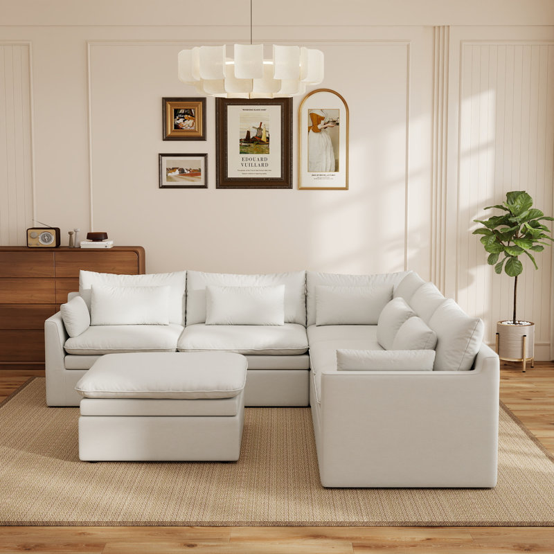 6-Piece  Double Layer Cushion Corner Sectional Sofa With Ottoman, White