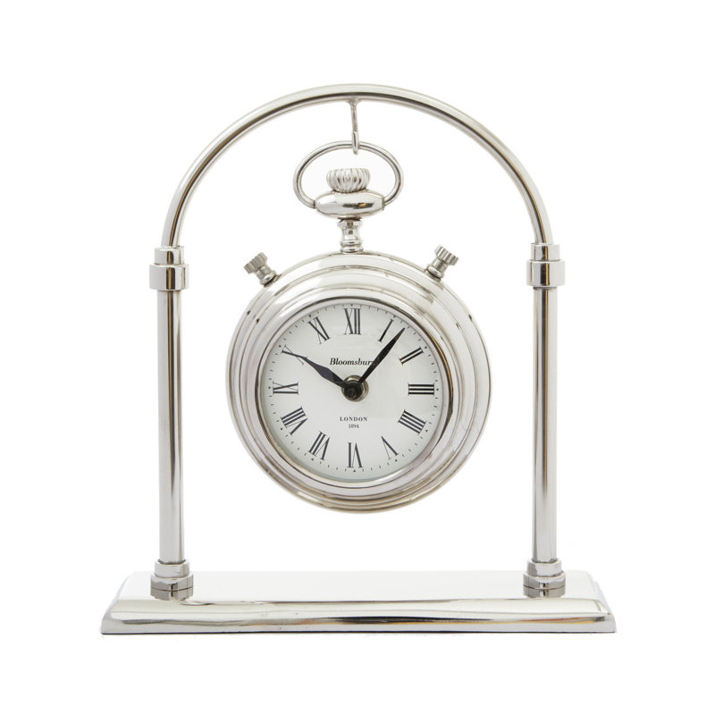 Modern & Contemporary Roman Numeral Metal Mechanical Tabletop Clock in Silver, 28cm H x 26cm W x 7cm D