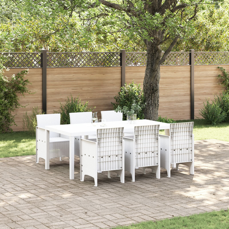 7 Piece Garden Dining Set Poly Rattan, 73cm H x 200cm W x 100cm D, White