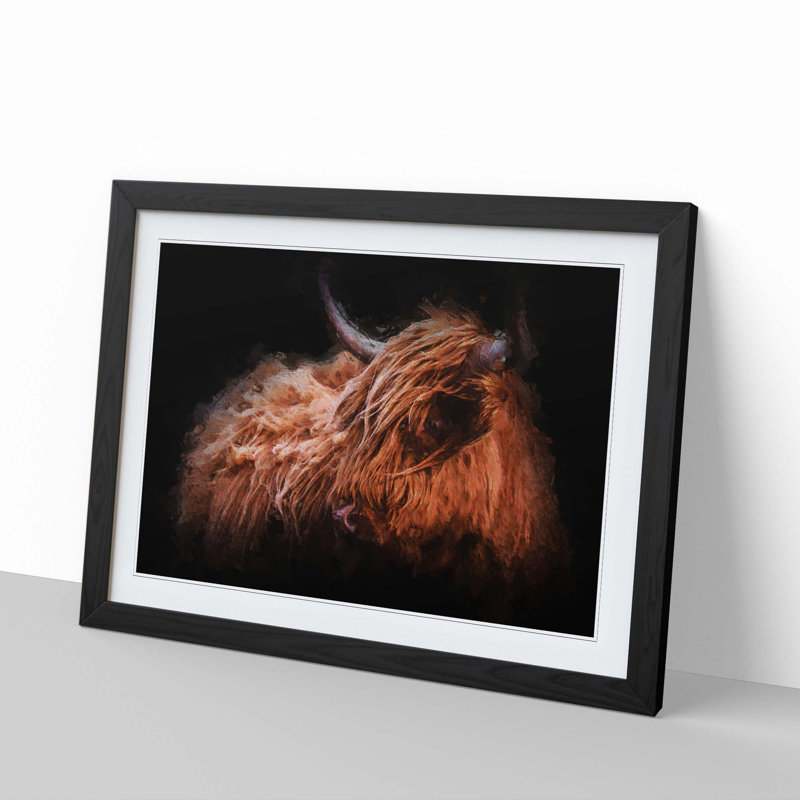 Highland Cow in the Shadows - Picture Frame Painting Print, Black Framed, 48cm H x 65cm W x 2cm D