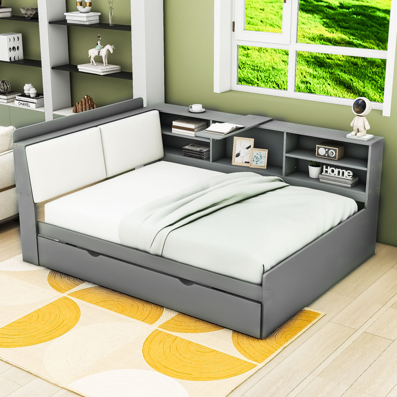 Lit plateforme en bois avec lit gigogne et tête de lit, Double, Gris