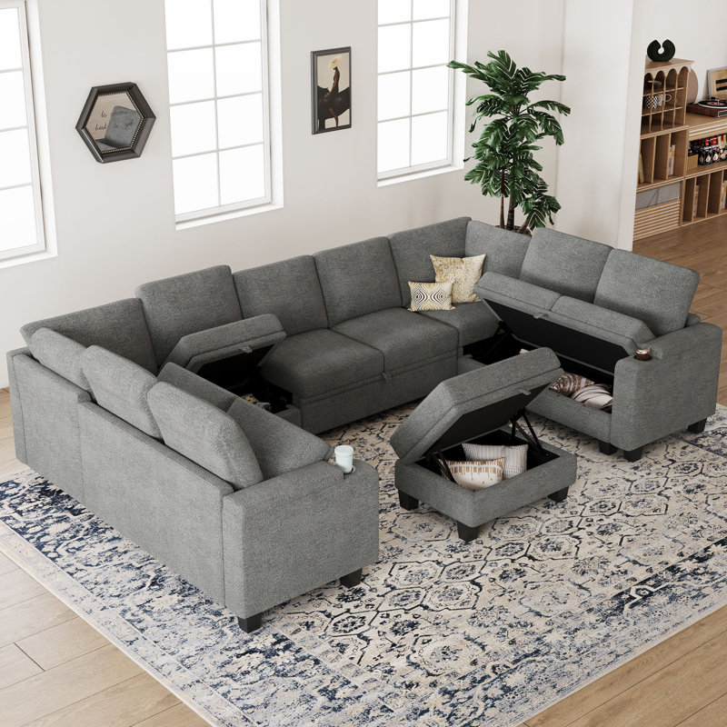 Anjanette Large Modular Storage Sofa U-Shaped Chenille Sectional Sofa With Ottomans Cup Holder, Gray Chenille