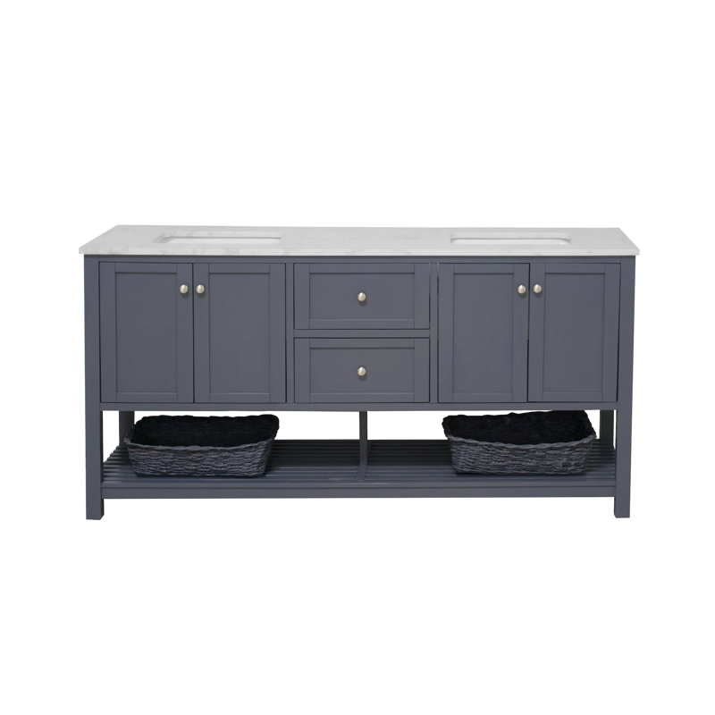 Binne 72'' Double Bathroom Vanity with Top, Marine Gray, Engineered Carrara