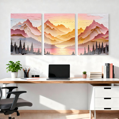 Ensemble de 3 tableaux sur toile représentant un coucher de soleil sur un paysage de montagne