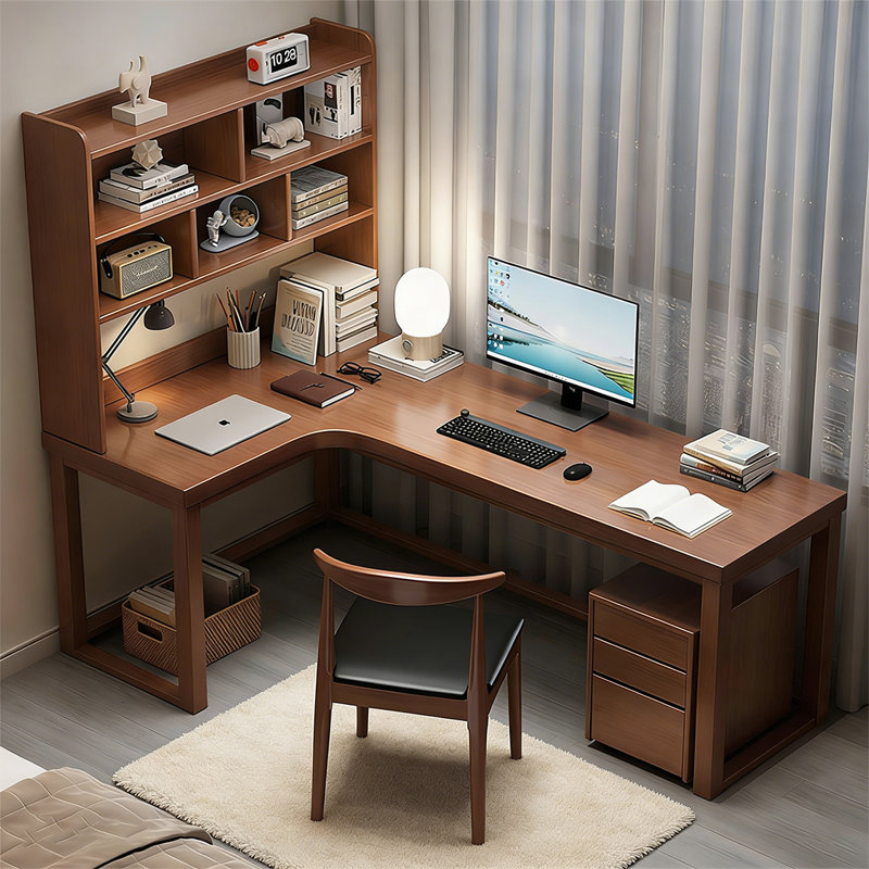 Bureau d'angle en L en bois massif avec bibliothèque intégrée, H 74,8 po x l 62,99 po x P 47,24 po, Retour à gauche