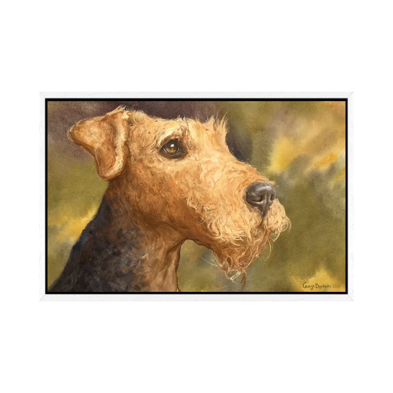 Airedale with Background 1 Piece Painting on Canvas, 101.6cm H x 152.4cm W x 3.81cm D, White Framed