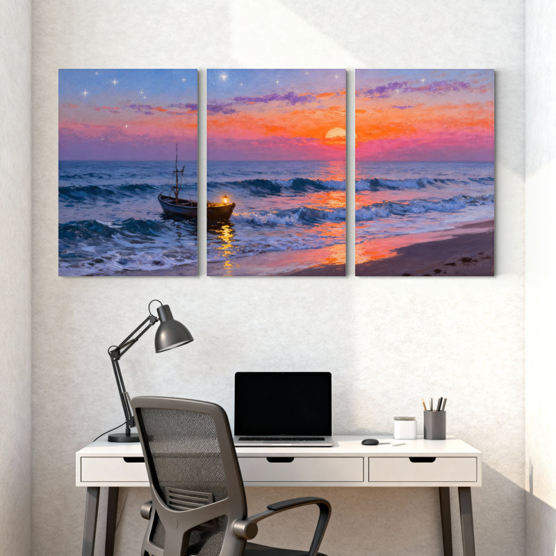 Abstrait, coucher de soleil, bateau, océan, vagues du ciel, étoiles, ensemble de 3 impressions sur toile, H 18 po x l 36 po