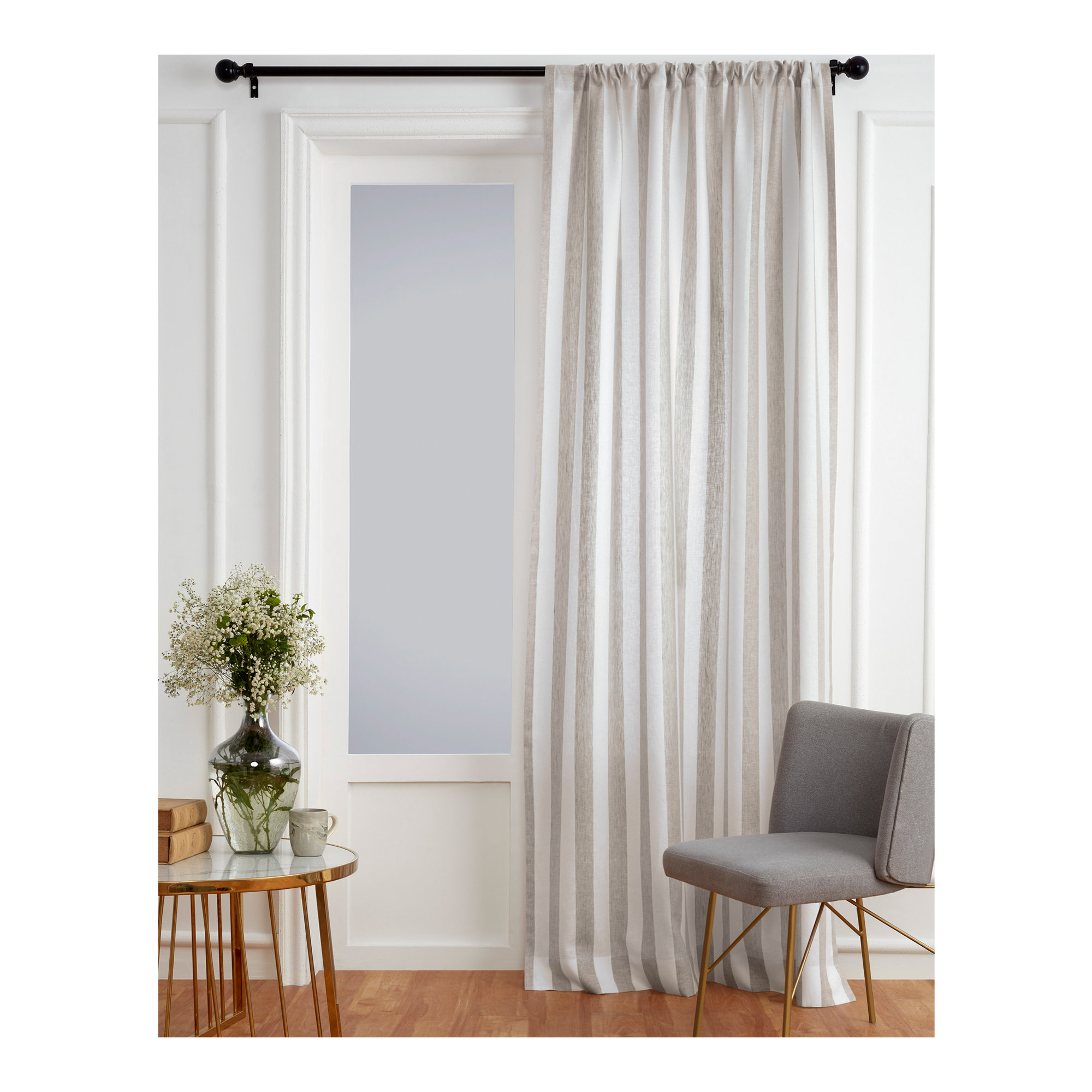  Stripe - 100% Pure Linen Curtain, 52" W x 108" L, Natural and White