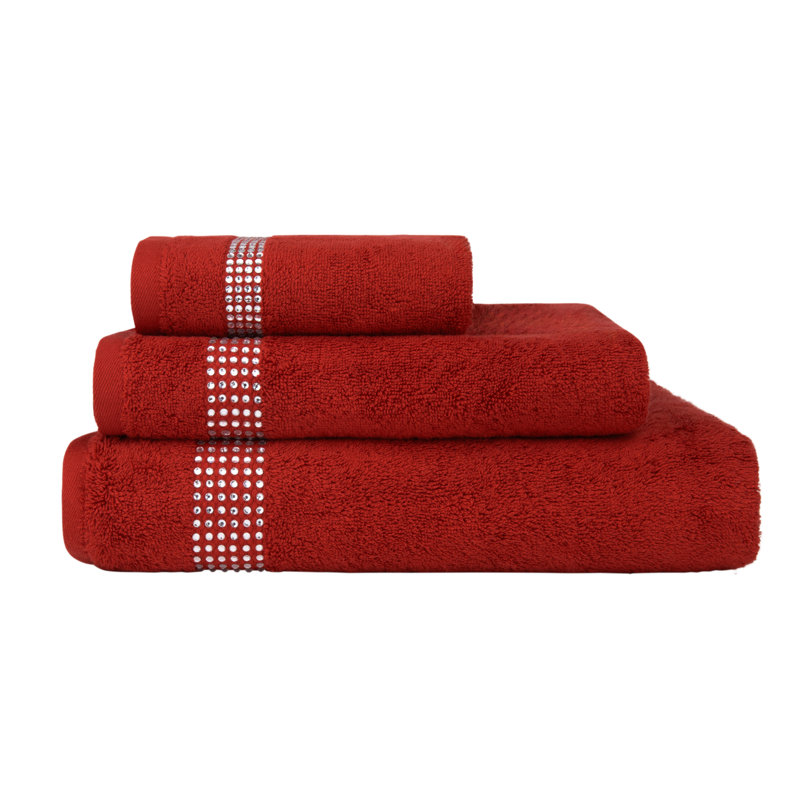 Sparkles Home | 3 Piece Cotton Towel Set | Rhinestone Stripe | Elegant Bathroom Decor, Red
