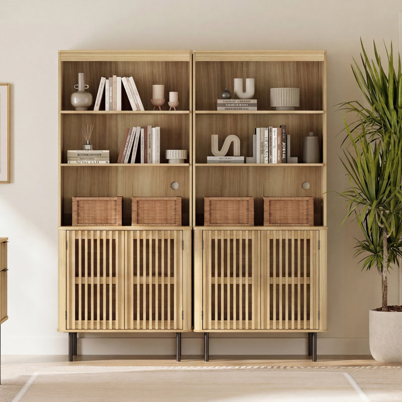 Grande bibliothèque moderne avec tablettes réglables, chêne, Beige