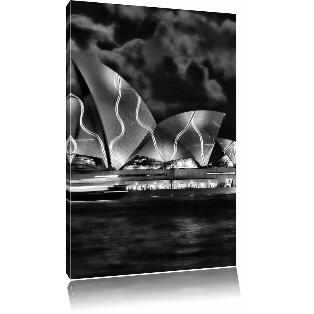 Leinwandbild Sydney Opera House grüne Beleuchtung in Monochrom