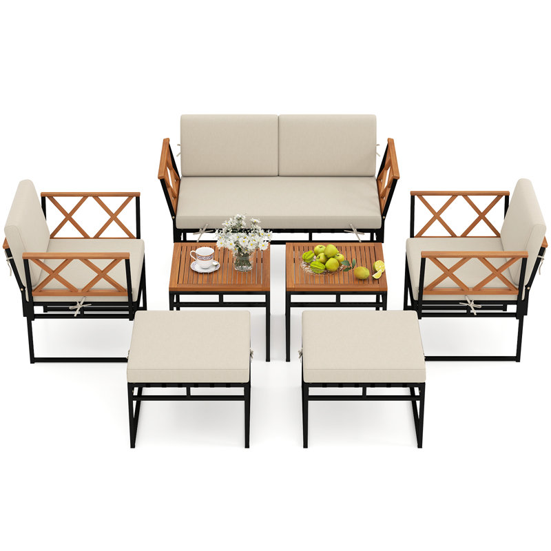 7 Piece Outdoor Conversation Set Metal Sectional Sofa Se, Beige