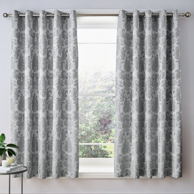 Damask Jacquard Lined Eyelet Curtains Silver Grey