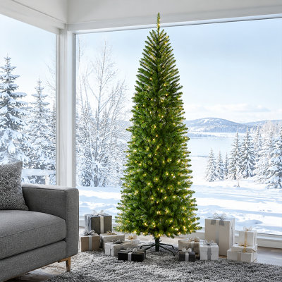 Pre-Lit Pencil Christmas Tree, 4.5-9ft Prelit Noble Fir Slim Artificial Tree with [100/150/200/250/300/450] Warm White LED Lights, [350/455/655/755/855/1,255] PVC Branch Tips, Perfect for Small Spaces & Corner Decor, Foldable Metal Stand