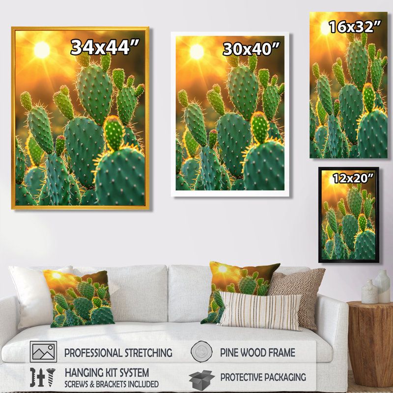 Cactus Manylath au coucher du soleil - Cactus, H 40 po x l 30 po, Reproduction avec cadre flottant, Doré