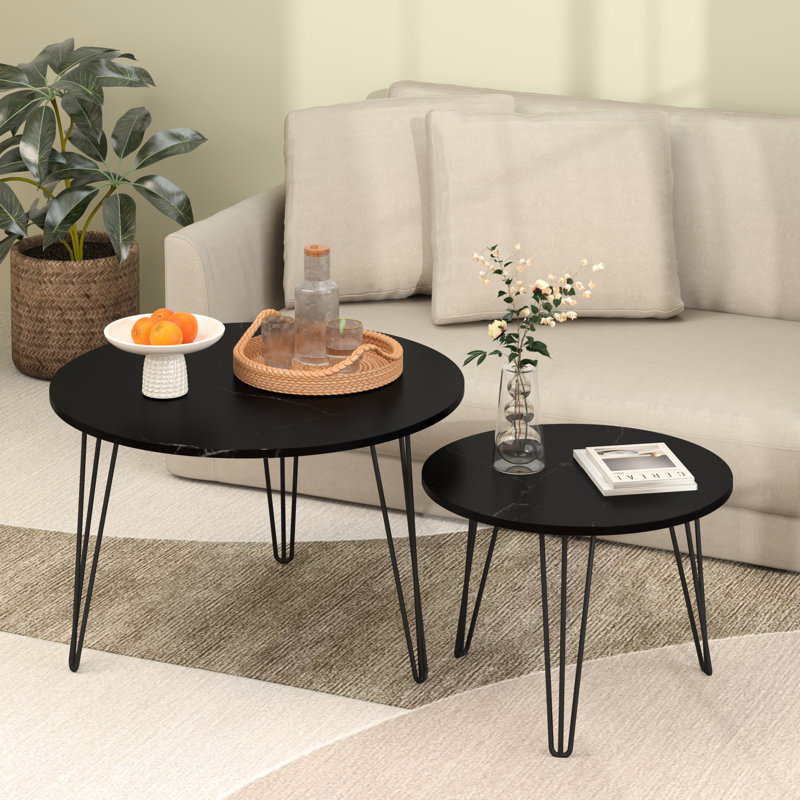 Table basse gigogne de 28,19 po ronde de 2, avec plateau en marbre et base en métal pour bureau, balcon. Noir, tables flexibles, 2 tables artificielles, salon, chambre à coucher, chambre d'amis, petite