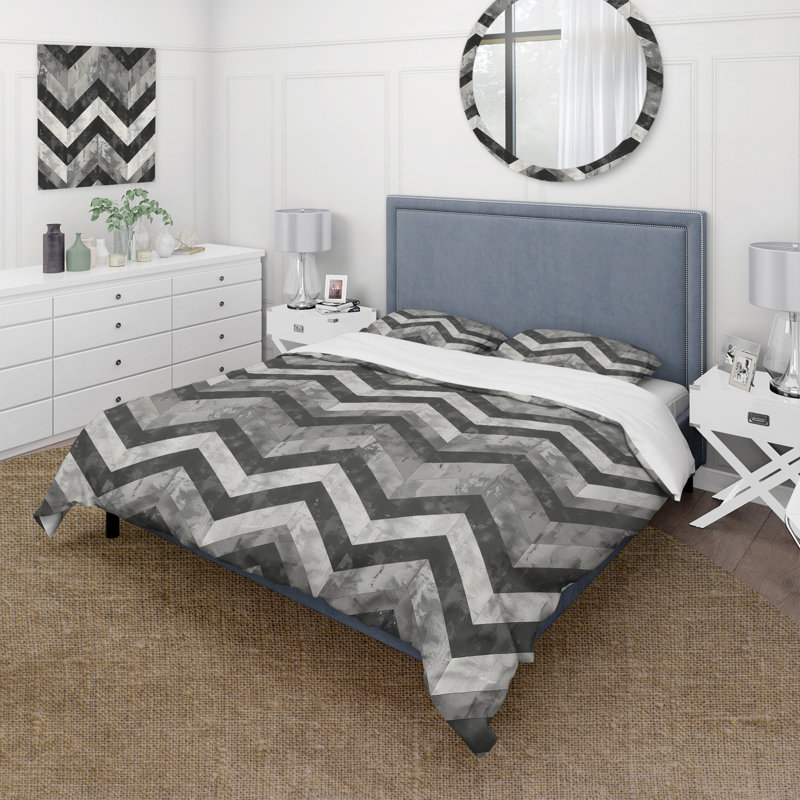 Ensemble de housse de couette gris noir Midcentury Chevron - Midcentury, Housse de couette très grand + 2 taies décorativ