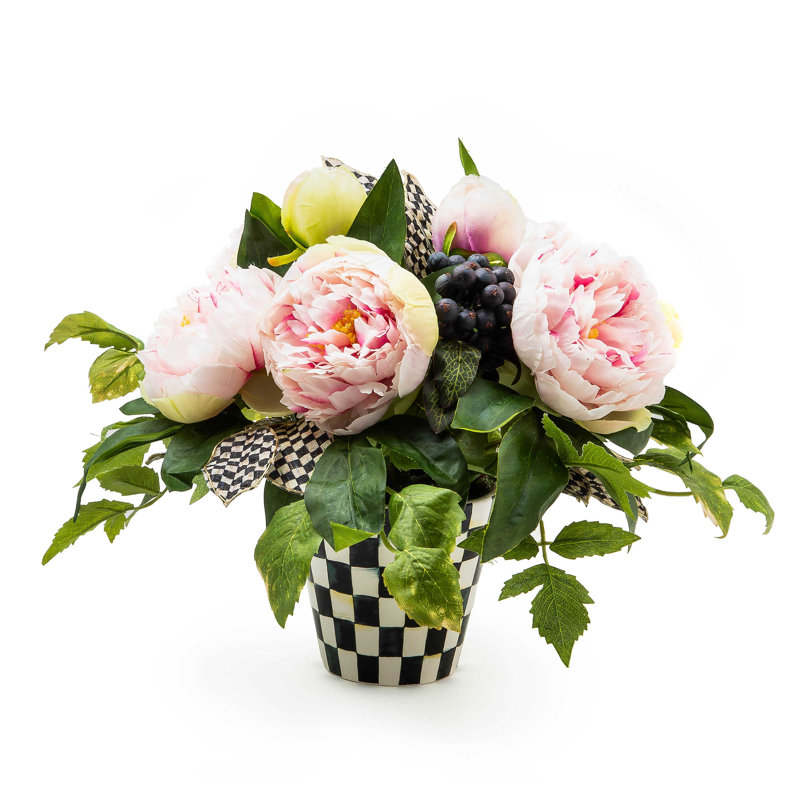 Pink Peony Floral Arrangement in Ceramic Checkered Pot